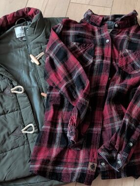 Olive Puffer Vest & Red Plaid Shirt Layering Set